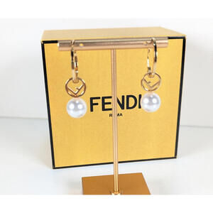 Fendi F is Fendi Dangle Hoop Gold Tone Faux Pearl Earrings Designer Crystals